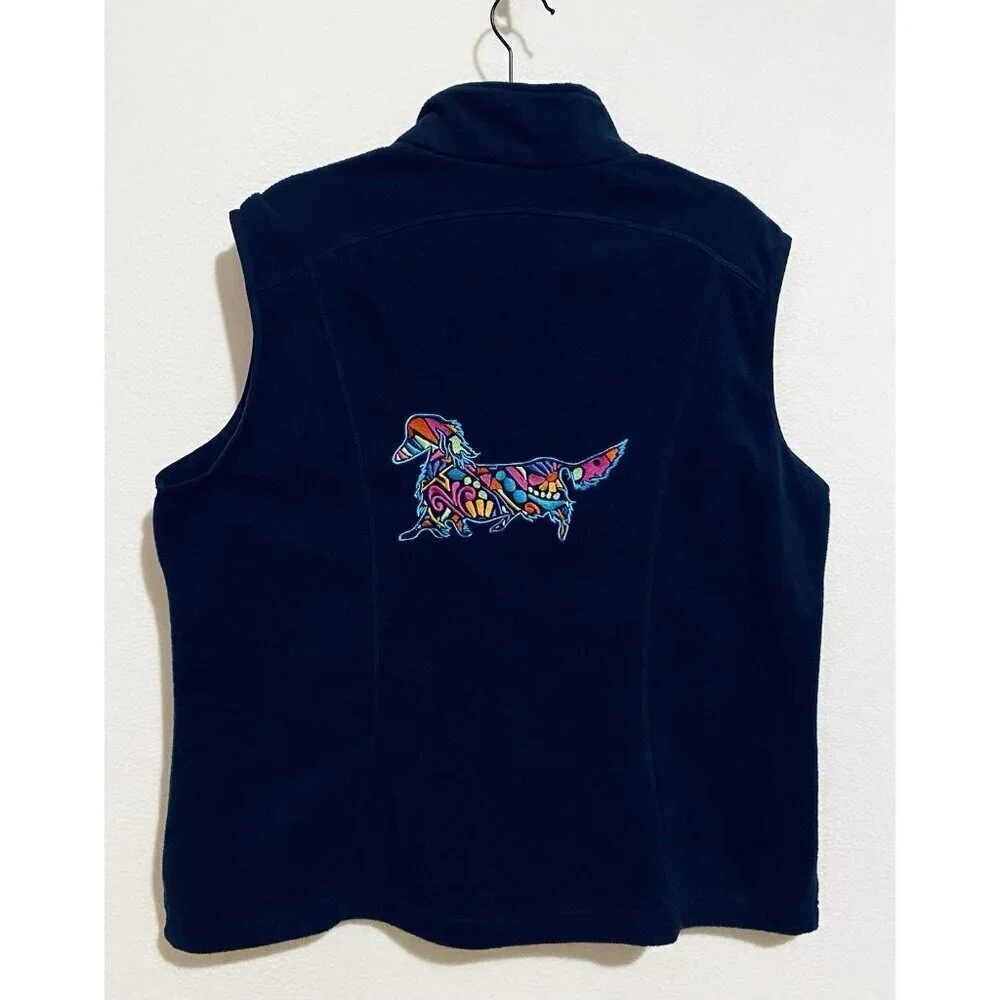 North End Vest Womens XL Navy Blue Embroidered Dachshund Zip Up Pockets Cozy